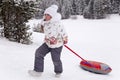 Little girl pulling the strap snow tubing. Royalty Free Stock Photo