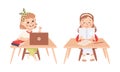 Little Girl Pupil Sitting at Table with Copybook and Laptop Engaged in Elementary Education Vector Set Royalty Free Stock Photo