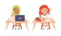 Little Girl Pupil Sitting at Table with Copybook and Laptop Raising Hand Engaged in Elementary Education Vector Set Royalty Free Stock Photo