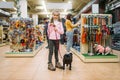 Little girl with puppy in pet shop, friendship Royalty Free Stock Photo