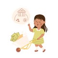 Little Girl Pushing Wheelbarrow with Coin and Banknote Engaged in Economic Education and Financial Literacy Learning