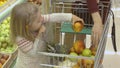 Little girl puts fruits in the trolley Royalty Free Stock Photo