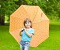 Little girl with a rainbow umbrella in park Royalty Free Stock Photo