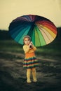 Little girl with rainbow umrella in the field Royalty Free Stock Photo