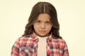 Little girl raise eyebrow isolated on white. Confident child with long brunette hair. Are you serious. Stop kidding me Royalty Free Stock Photo