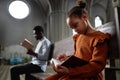 Little girl reading Bible in church Royalty Free Stock Photo