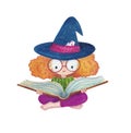 Little girl reading big book with glasses and witch hat Royalty Free Stock Photo