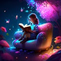 Little girl reading a book in an armchair surrounded by flowers. 3d rendering Generative AI