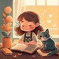 Little girl reading a book with her cat at home. Cartoon illustration Royalty Free Stock Photo