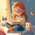 Little girl reading a book with her cat at home, cartoon kid illustration Royalty Free Stock Photo