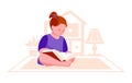 Little girl is reading a book in her room. The concept of reading, education, recreation. Vector illustration in flat cartoon Royalty Free Stock Photo