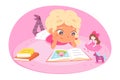 Little girl reading book at home. Happy clever child learning activity vector illustration. Kid lying on floor with Royalty Free Stock Photo