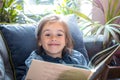 Little girl is reading a book in the living room on the couch Royalty Free Stock Photo