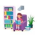 Little girl reading a book and sitting in armchair with bookshelf and lamp. Kids learning education concept. Childrens