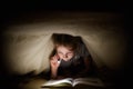 Little girl is reading a book under a blanket with a flashlight in a dark room at night Royalty Free Stock Photo