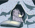 Little girl reading book under a blanket using flash light
