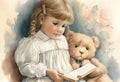 Little girl reading a picture book to her teddy bear friend Royalty Free Stock Photo