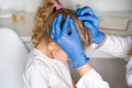 little girl at the reception of a dermatologist on examination of hair for lice, pediculosis