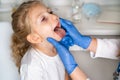 little girl at the reception at the doctor ENT, examination of the oral cavity in the child, throat