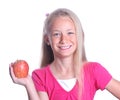 Little girl with red apple on white Royalty Free Stock Photo