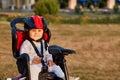 Little girl in red and black helmet seat bicycle in city park Royalty Free Stock Photo