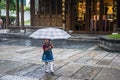 A little girl in a red blouse, blue skirt and white stockings with a plaid umbrella in the scenic area Royalty Free Stock Photo