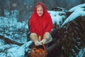 Little girl in a red coat in the winter forest Royalty Free Stock Photo