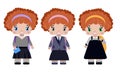 Little girl, with red curly hair in different school uniforms