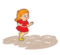 A little girl in a red dress is jumping while playing hopscotch. Vector illustration in cartoon style Royalty Free Stock Photo