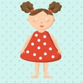 Little girl in red dress. Pretty, cute toy. Baby Doll. Isolated image. Vector.