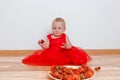 Little girl in red dress ripe strawberry on a plate Royalty Free Stock Photo