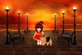 Little girl in a red dress walks with a dog along the evening embankment Royalty Free Stock Photo
