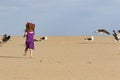 Little girl with red hair chasing birds Royalty Free Stock Photo