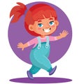 Little girl with red hair gathered in a ponytail merrily steps somewhere, isolated object on a white background, vector Royalty Free Stock Photo