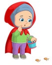 The little girl with the red hood is bringing the pail and looking the foot step