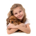 Little girl with red puppy isolated on white background. Kid Pet Friendship Royalty Free Stock Photo