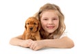 Little girl with red puppy isolated on white background. Kid Pet Friendship Royalty Free Stock Photo