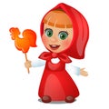 A little girl with a red scarf holding a lollipop form of a isolated on white background. Vector cartoon close-up Royalty Free Stock Photo