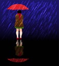 Little girl with red umbrella in a storm