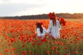Little girl with redhead mother in white dresses and wreathes walking with bouquet of poppies on poppy field at summer sunset Royalty Free Stock Photo