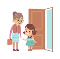 Little girl respect elderly. Polite child with good manners opening door to grandmother, children etiquette concept