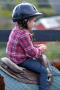 Little girl ride a horse during horse ridding lesson