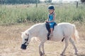 Little girl rider on a white pony. Royalty Free Stock Photo