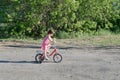 Little girl riding on bicycle outdoors in summer. Children activity