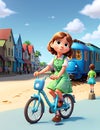 Little girl riding bicycle on street in city with sunshine sky in 3d animation cartoon style illustration image generative ai Royalty Free Stock Photo