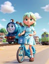 Little girl riding bicycle on street in city with sunshine sky , in 3d animation cartoon style illustration image generative ai Royalty Free Stock Photo