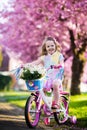 Little girl riding a bike on sunny spring day Royalty Free Stock Photo