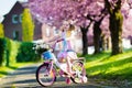 Little girl riding a bike on sunny spring day Royalty Free Stock Photo