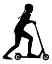 Little girl riding scooter vector silhouette. Skate or board with wheels toy. Favorite birthday gift for good child. Royalty Free Stock Photo