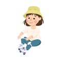 Little Girl on Roller Skates Wearing Kneepads in Skate Park Having Fun and Enjoying Recreational Activity Vector Royalty Free Stock Photo